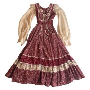 Xs Gunne-sax 70s Vintage Prarie Maxi Dress Floral Red  Boustier Lace Size 3